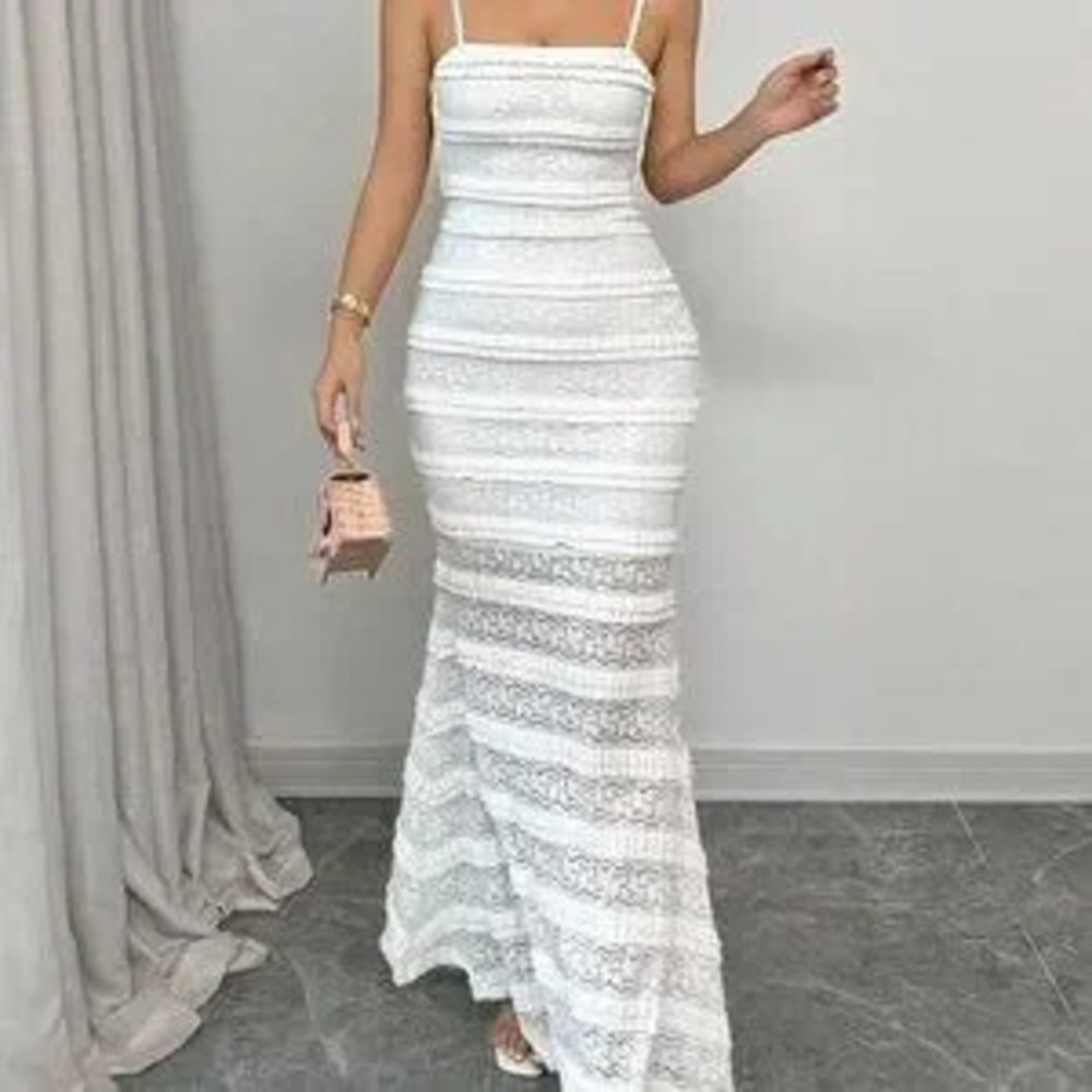 ZARA White Elegant Women's Lace-Trimmed Open Back Spaghetti Strap Maxi Dress